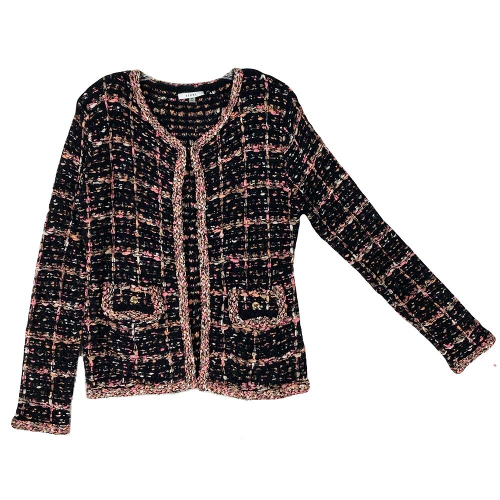 SIONI Cardigan M Wool-Blend Tweed Boucle Knit Gold Button Flap Pockets Long-Slv